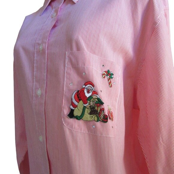 Vintage Las Olas Button Down Shirt w Christmas Theme in Pink & White, SZ Large - Picture 2 of 8